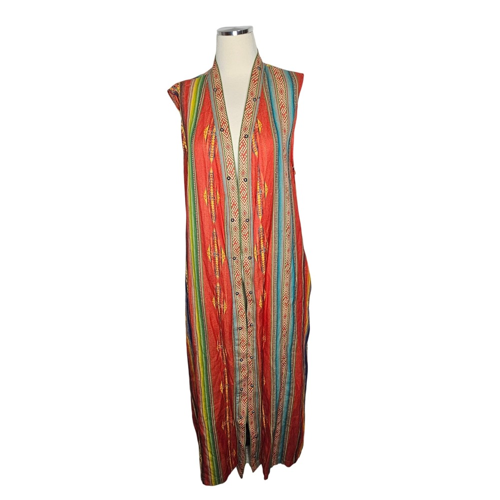 Silverado Southwestern Woven Duster Vest‎ Womens Large Red Multi Concho Buttons